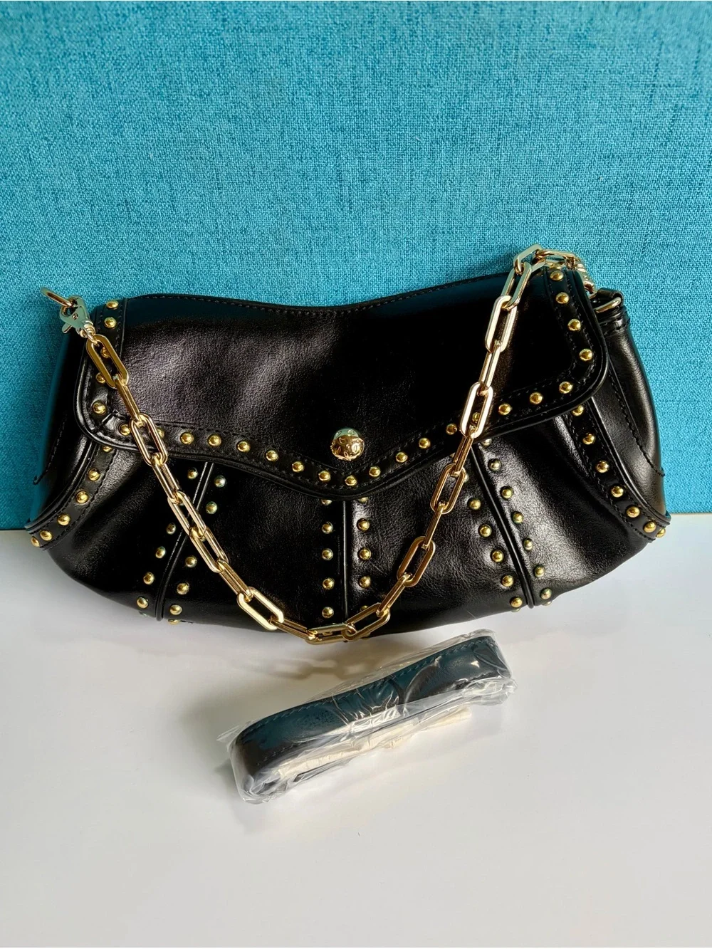 Maxx New York Black Shoulder Bag with Gold Studs & Chain Strap